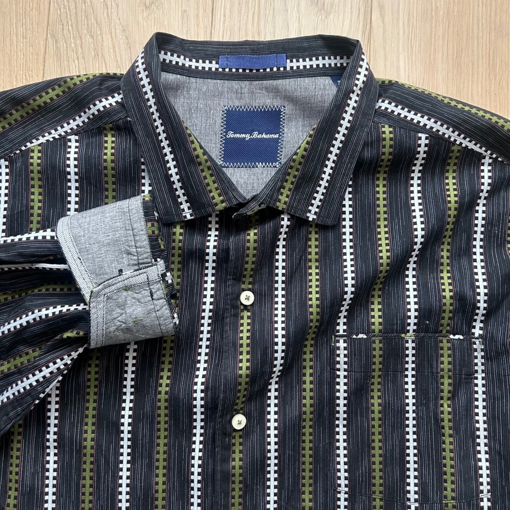 Tommy Bahama Button Up Shirt Mens 3XL Black Green‎ Striped Long Sleeve Tribal